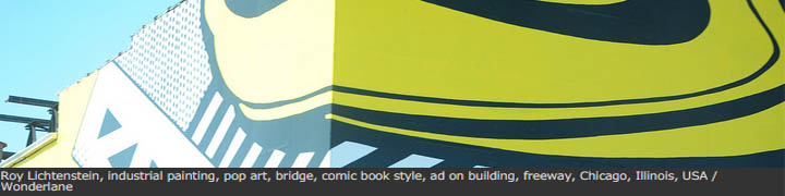 Roy Lichtenstein, industrial painting, pop art, bridge, comic book style, ad on building, freeway, Chicago, Illinois, USA